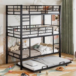 Metal Twin Size Kids Triple Bunk Bed with Trundle, Heavy Duty Steel Frame, Full-Length Guardrails, Black
