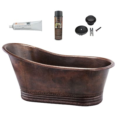67" Hammered Copper Single Slipper Bathtub and Drain Package