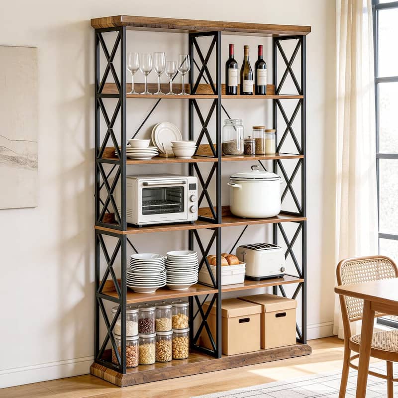 75" Tall Industrial Bookshelf, 6-Tier Wide Wooden Bookcase with 12 Shelves - 47.2" W x 11.8" D x 75" H