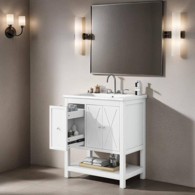30" Solid Wood Bathroom Vanity with Sink Top, Bathroom Cabinet with Two Doors and One Drawer, Modern White