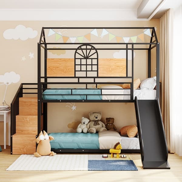 slide 2 of 14, Twin Over Twin Metal Bunk Bed, Metal Housebed with Slide and Storage Stair Black