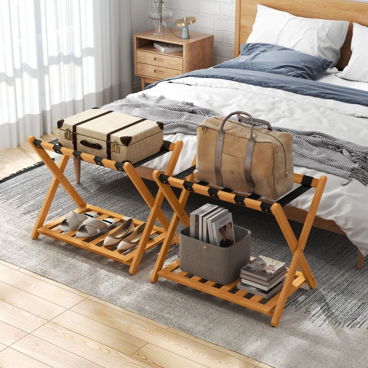 Set of 2 Oak Acacia Wood Folding 2-Tier Luggage Rack with Straps