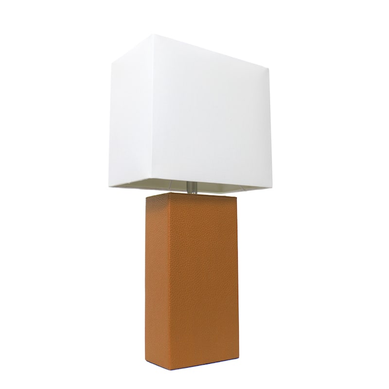 Leather Table Lamp with White Fabric Shade - Without Bulb - Tan