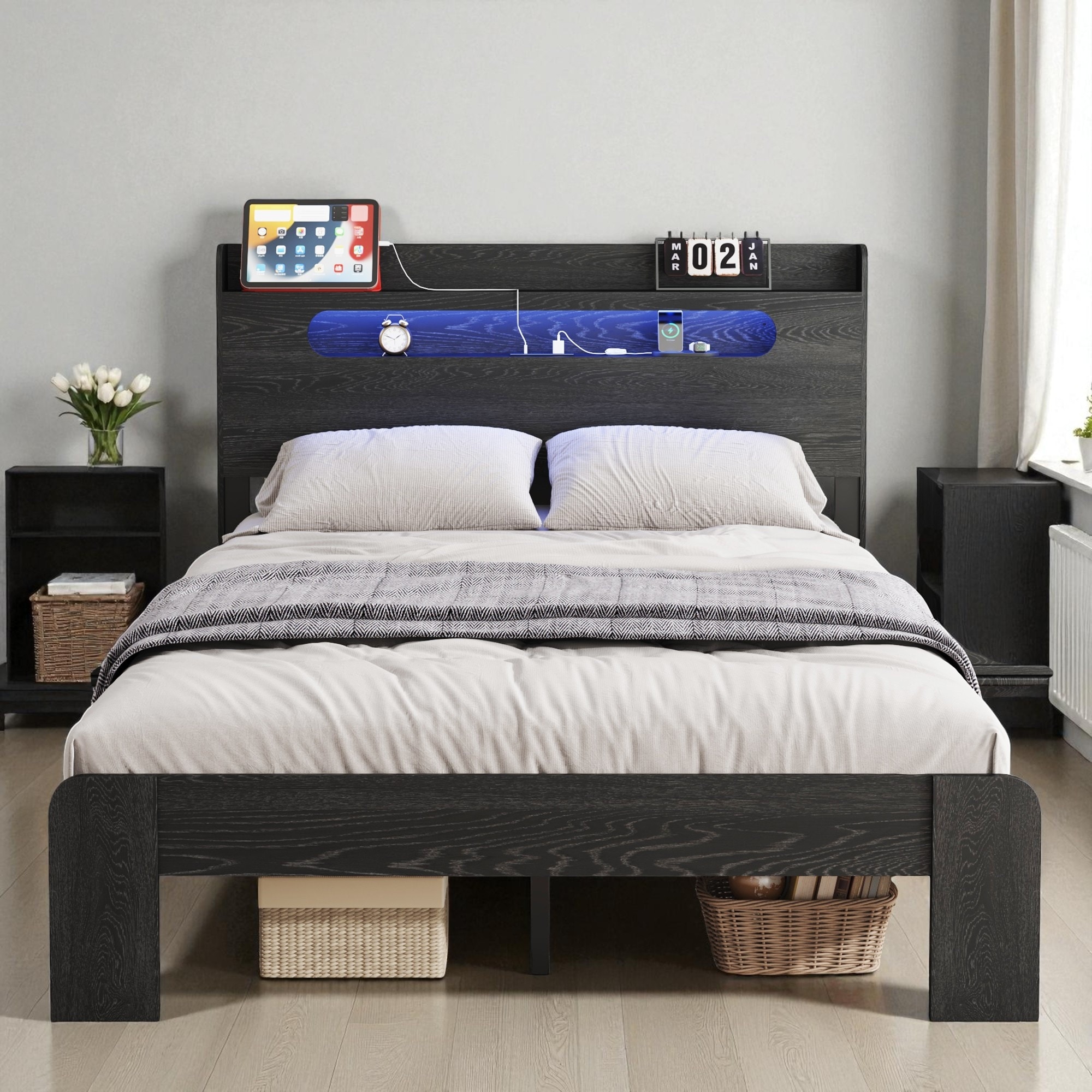 King Size Platform Bed Frame with LED Headboard, Charging Station, Storage Shelf, USB Ports, and Underbed Space