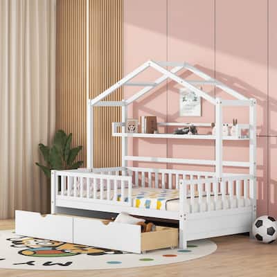 Children's Wooden House Bed with Drawers and Shelf, Twin/Full Size