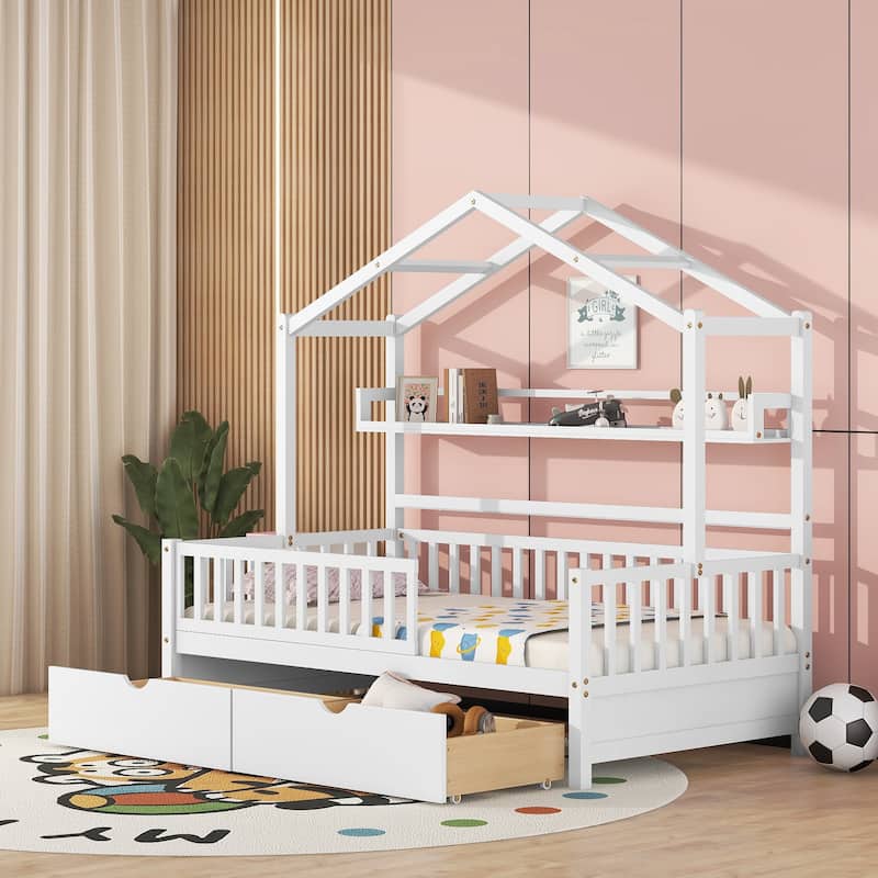 Twin House Bed with Roof, Storage Drawers, and Shelf, Perfect for Kids - White - Twin