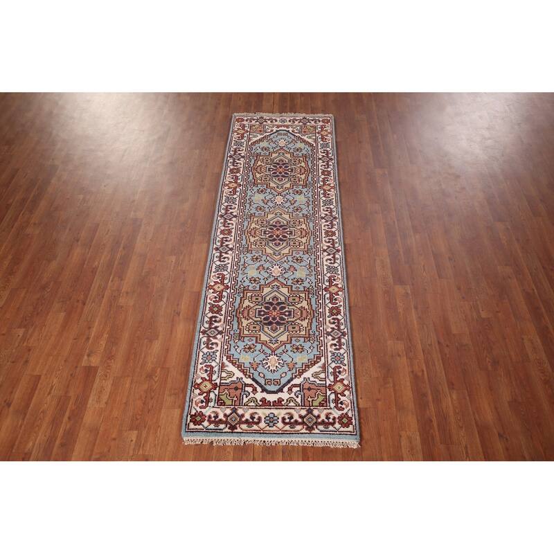 Light Blue Heriz Serapi Oriental Runner Rug Hand-Knotted Wool Carpet - 2'6"x 8'1"