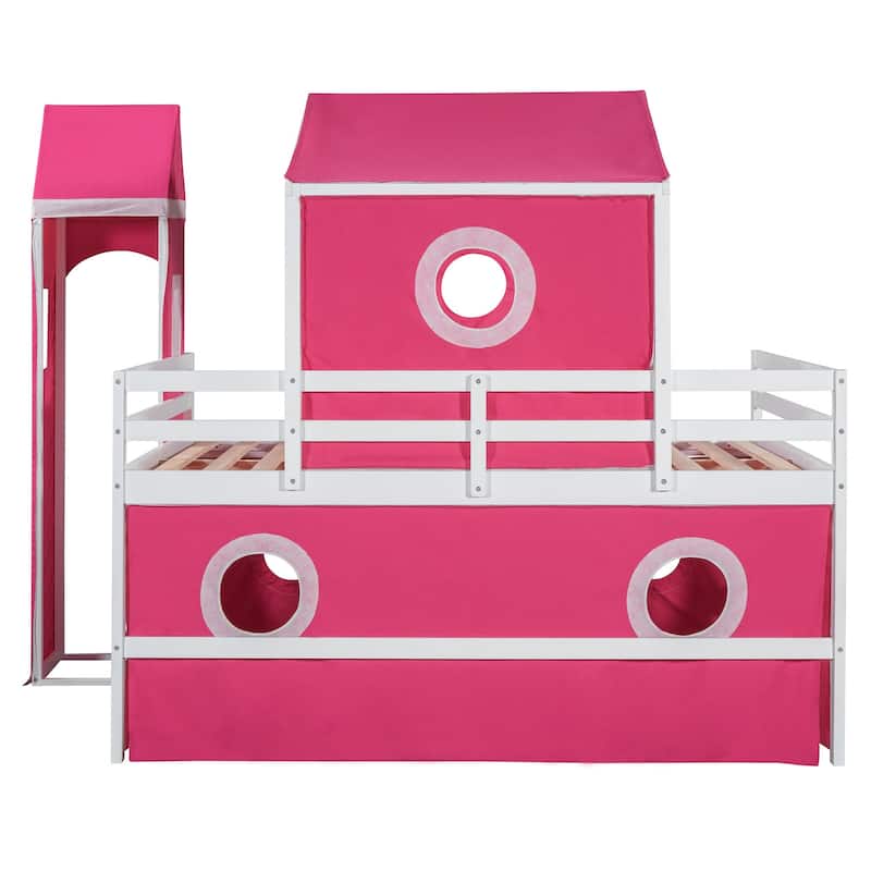Full/Twin Size Loft Bed with Slide, Pink Tent, Tower, Playhouse Design - Sturdy Solid Wood Construction, Storage Space