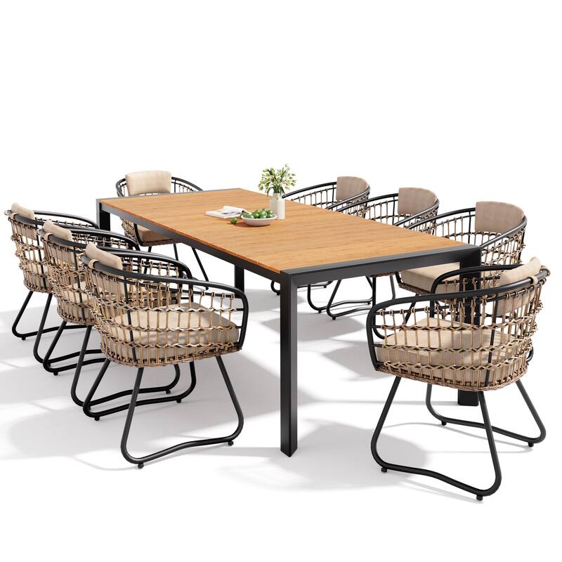 Set of 9 Outdoor Patio Dining Set WoodLike Table Top Aluminum Rectangular Umbrella Hole Table with PE Rattan Chairs
