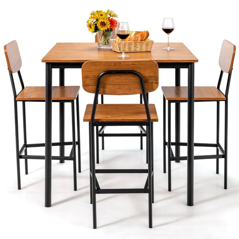 5 PCS Dining Table Set Counter Height Table and 4 Bar Stool Set - Walnut