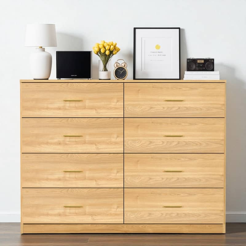 Modern Natural 8-Drawer Dresser Wide Bedroom Chest Engineered Wood Storage Cabinet with Golden Handles