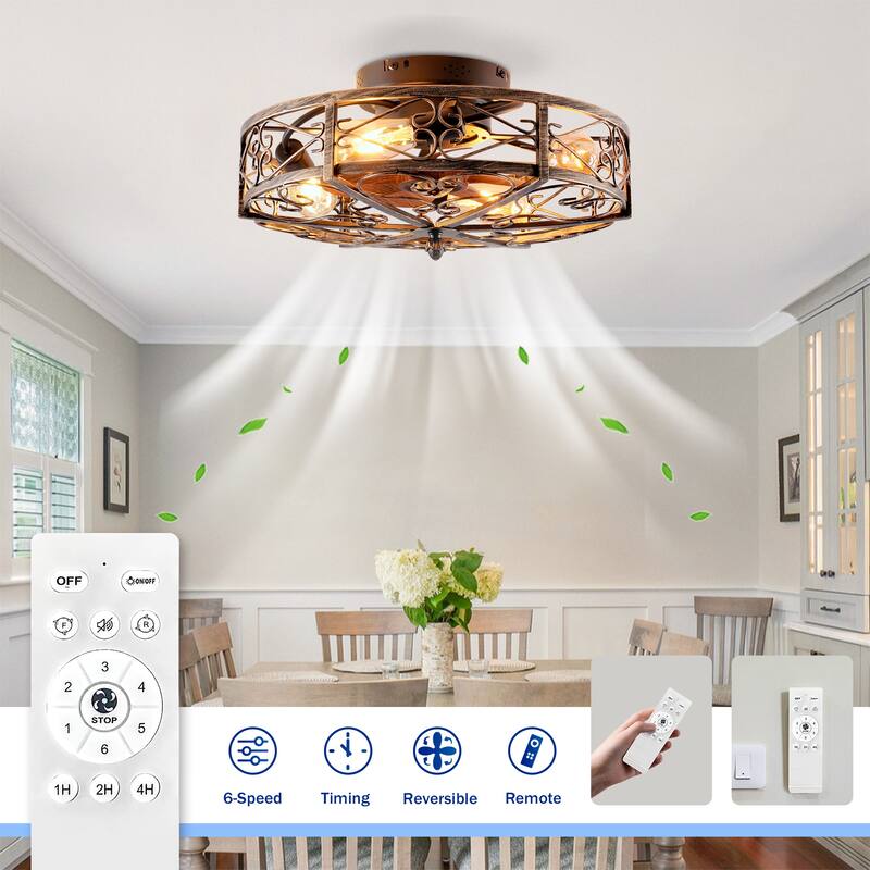 Cusp Barn 20'' Industrial Flush Mount Ceiling Fan with Lights and Remote, Rustic Reversible DC Motor 6 Speeds Caged Ceiling Fan