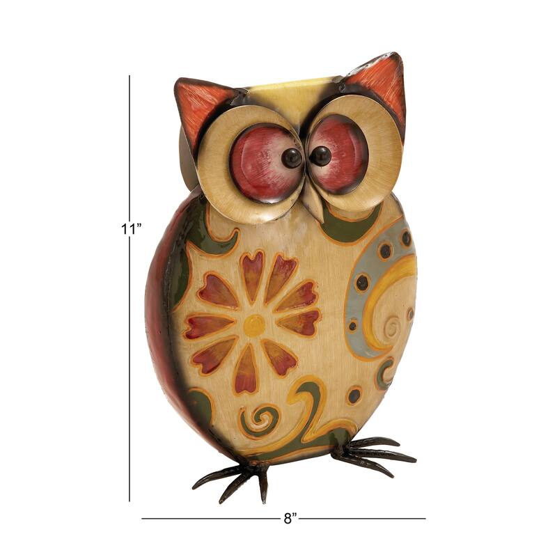 Yellow Metal Indoor Outdoor Owl Decorative Garden Sculpture with Floral Pattern