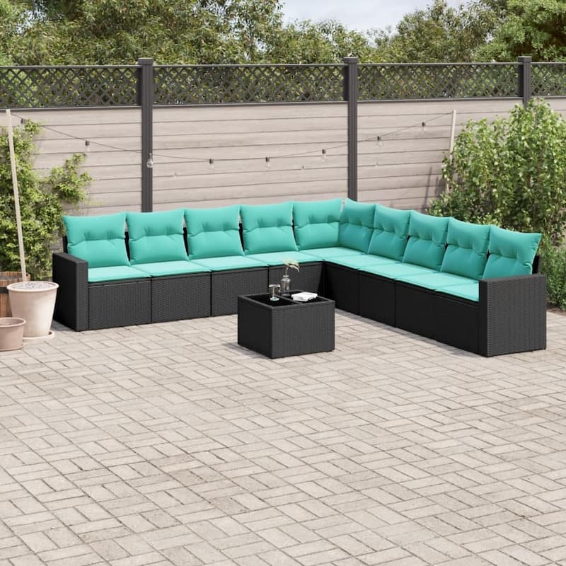 vidaXL 9/10 Piece Patio Sofa Set with Cushions Black Poly Rattan - 24.4" x 24.4" x 27.2" - Black and blue-With table
