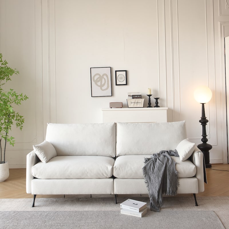 3-Seater Cloud Couch with Armrest and Toss Pillows, White Fabric, 81x32x33 inches - Multi-Color