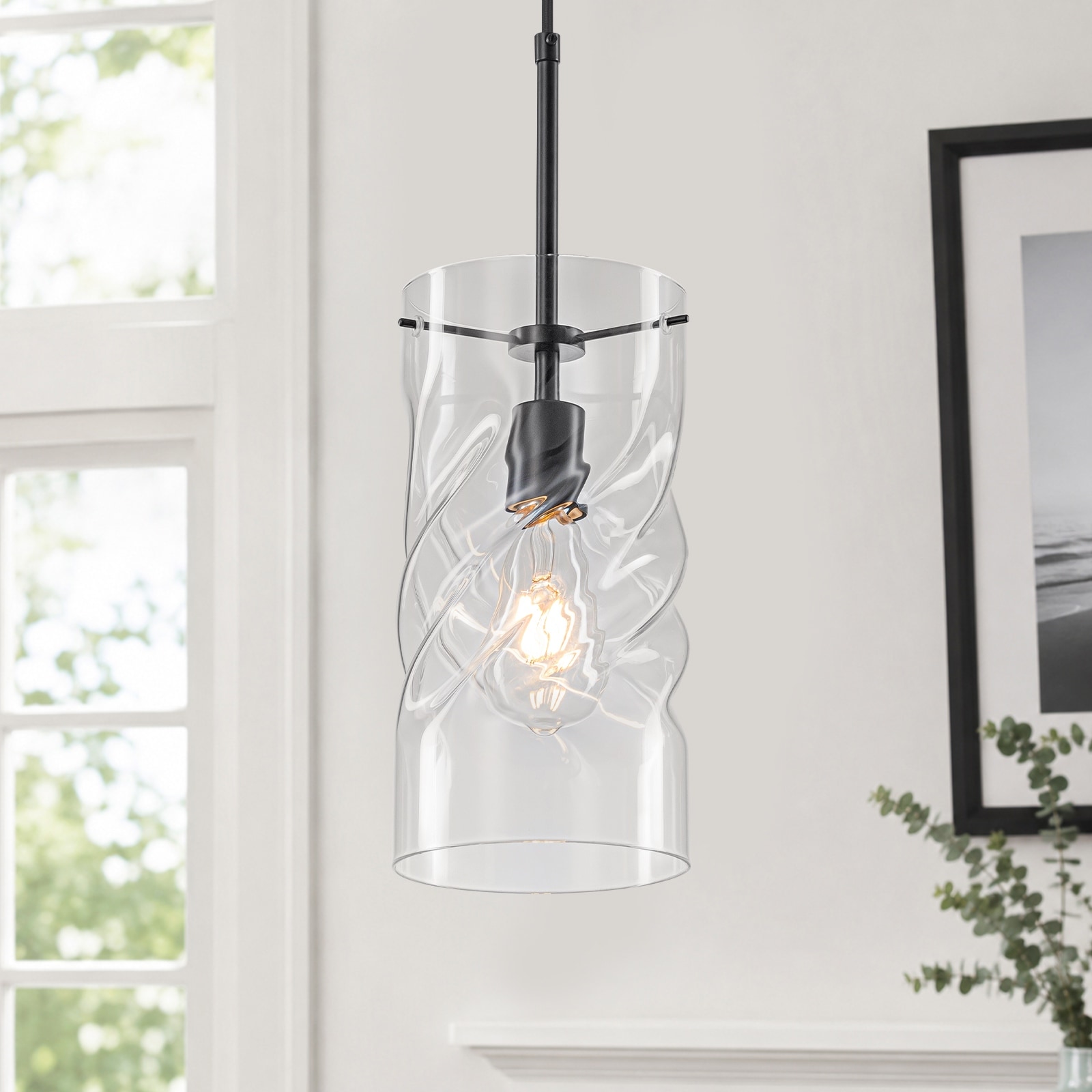 Modern Pendant Light Hanging Light Twisted Clear Textured Glass Shade - Dia.5.91inch