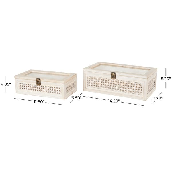 Cream Metal Handmade Woven Storage Decorative Box with Bronze Latches and Tempered Glass Tops (Set of 2) - 9"W x 14"L x 5"H