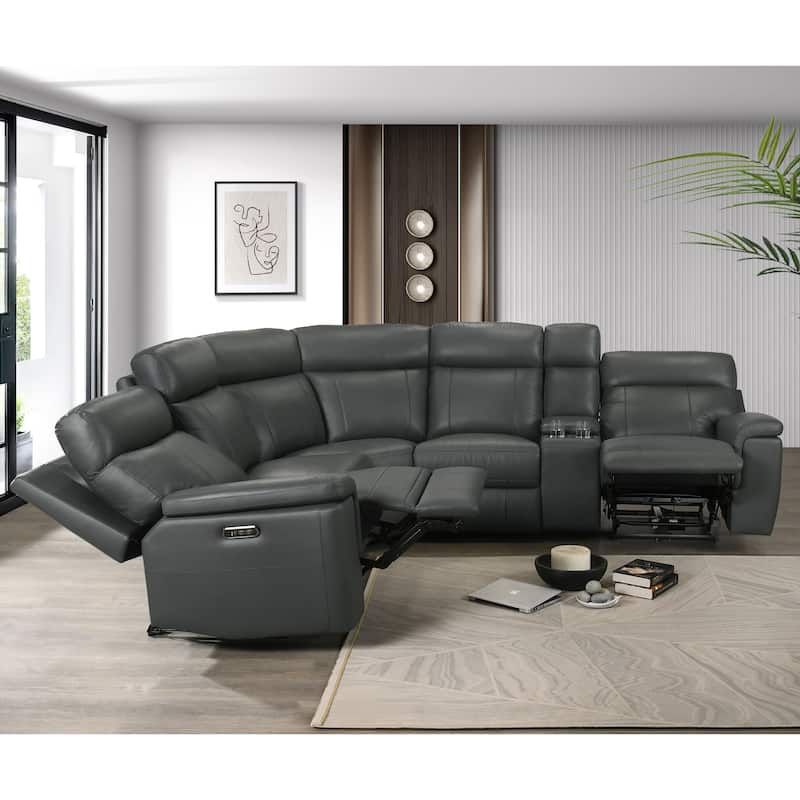 Furniture of America Joren Modern FSC Certified Leather Match Power Recline Sectional with Console and USB Port - Dark Grey