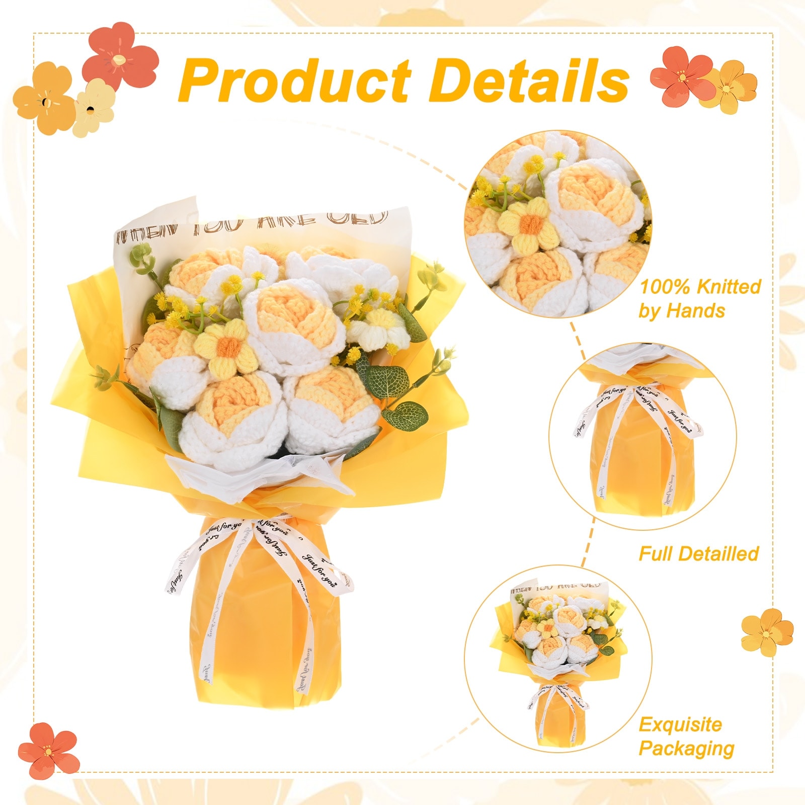 Crochet Flowers Bouquet, Handmade Knitted Bouquets Artificial Rose Mix Daisy with Gift Bag for DIY Home Decor/Birthday