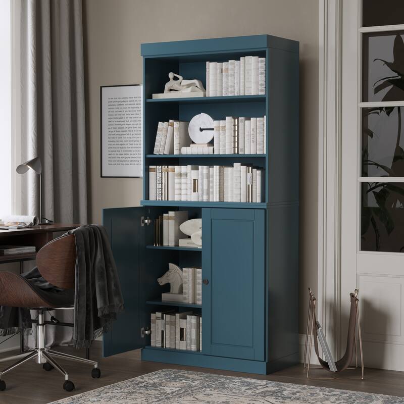 Palace Imports Solid Wood 6-Shelf Bookcase, Raised Panel Doors, Adjustable Shelves - Teal Blue