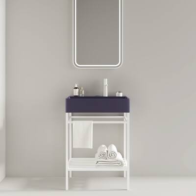 24" Freestanding Bathroom Vanity with Glossy Red Ceramic Basin, Open Metal Leg, Storage Shelves