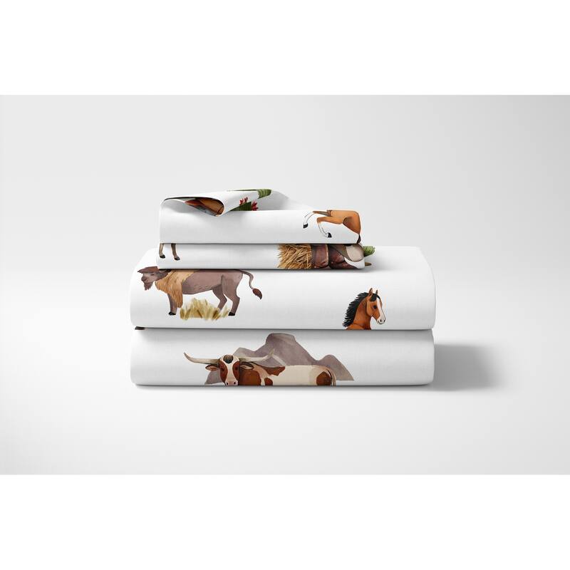 Sweet Jojo Designs Western Cowboy Boy 4-piece Queen Sheet Set Wild West Southern Charm Country South Horse Steer Cow Farm Animal