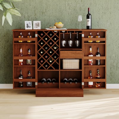 41.9" Industrial Walnut Rattan Door Bar Cabinet with Storage