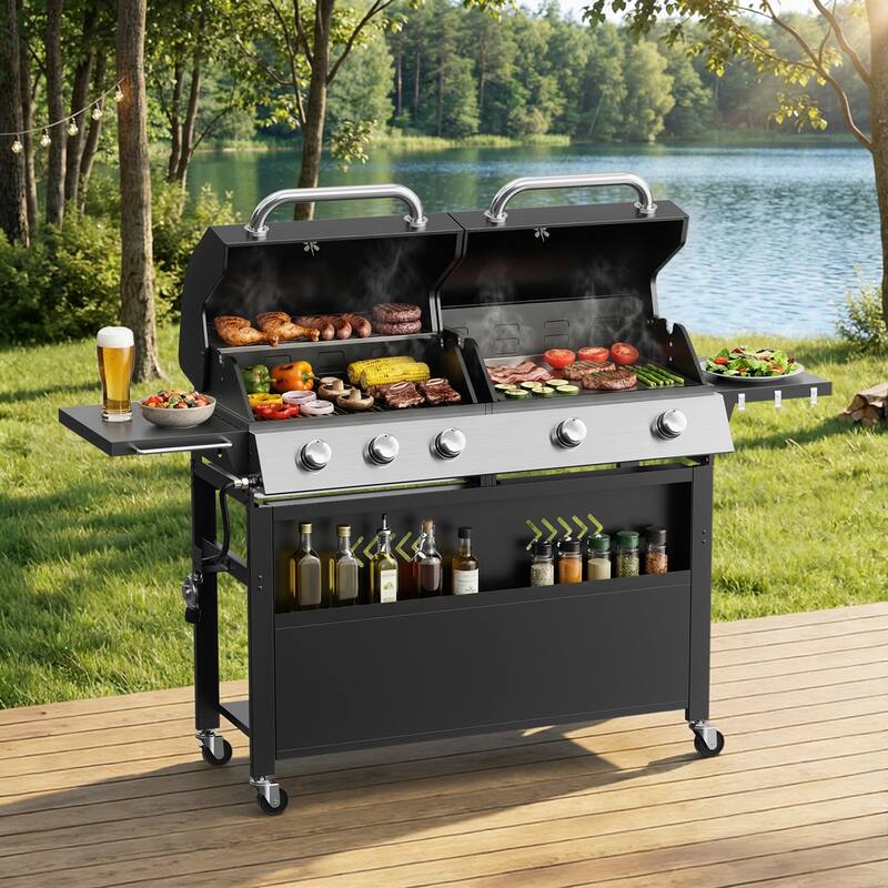 64-Inch 5-Burner Outdoor Gas Grill with Left BBQ & Right Teppanyaki Griddle for Patio, Garden, Backyard