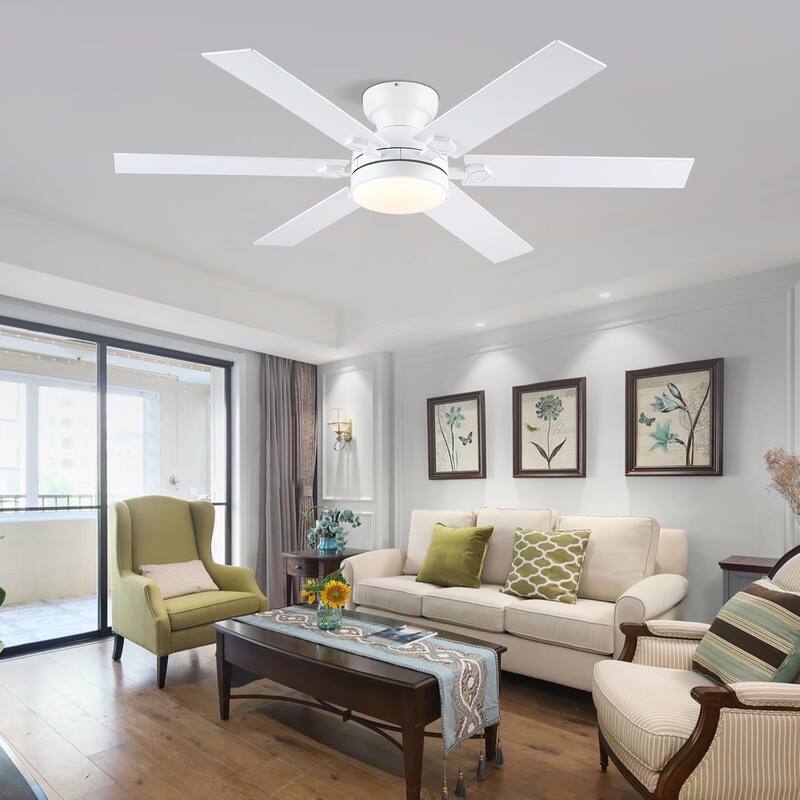 46 inches White Flush Mount Ceiling Fan with Light,6 Dual Side Blades,