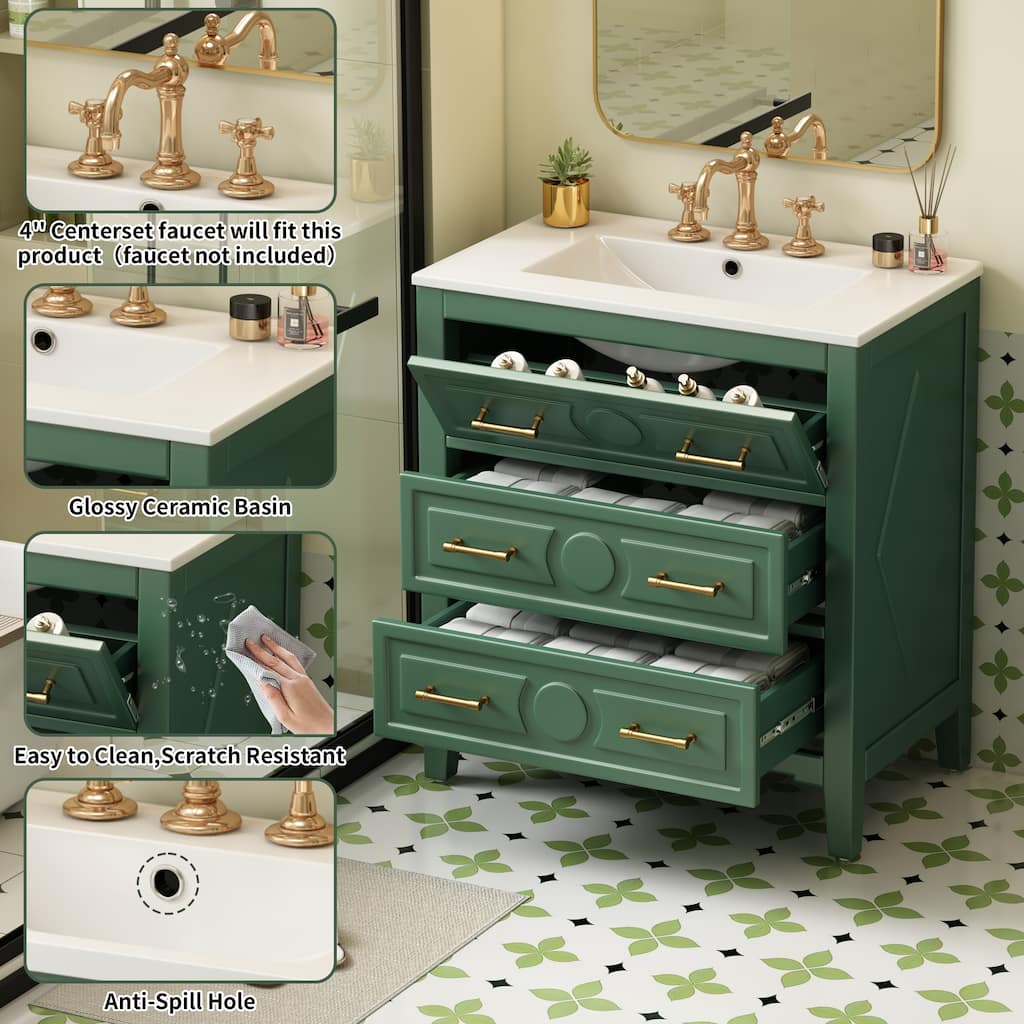 30" Bathroom Vanity with Ceramic Sink Combo, Freestanding Single Sink Bathroom Cabinet with 3 Drawers