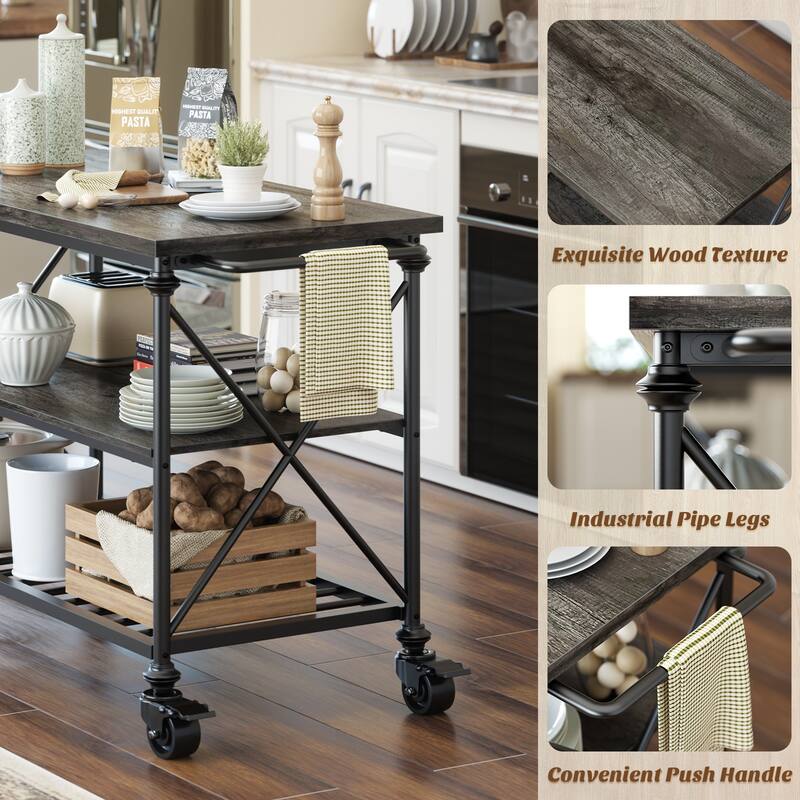 Rolling Kitchen Island Cart with Thick Wooden Top and Storage Shelves - N/A