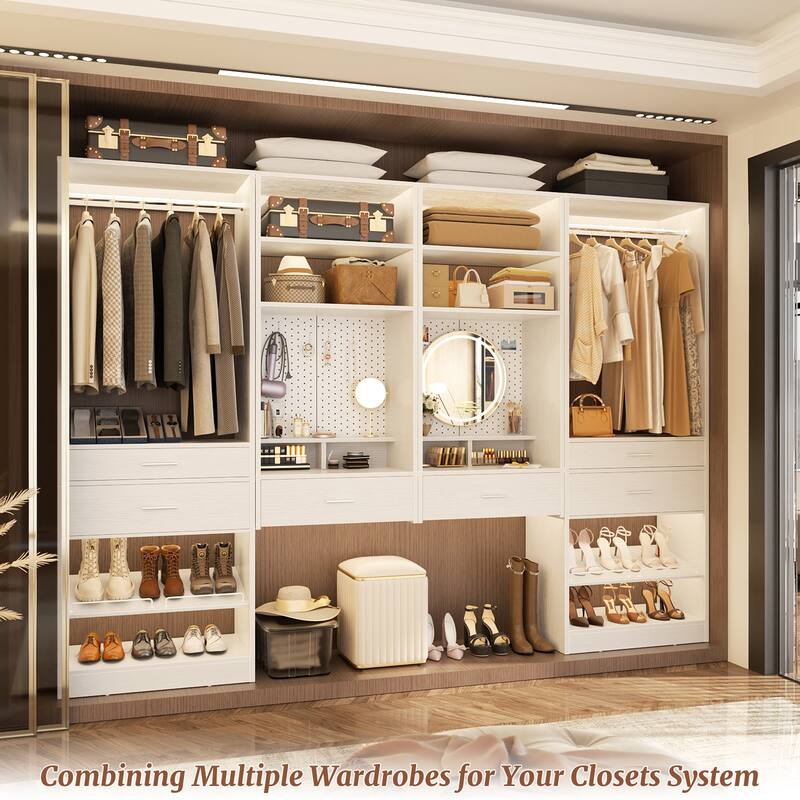 Set of 2 Closet System with Hanging Rod and Shoe Rack,Walk-in Closet Organizer with Drawers and Magnetic Pegboard