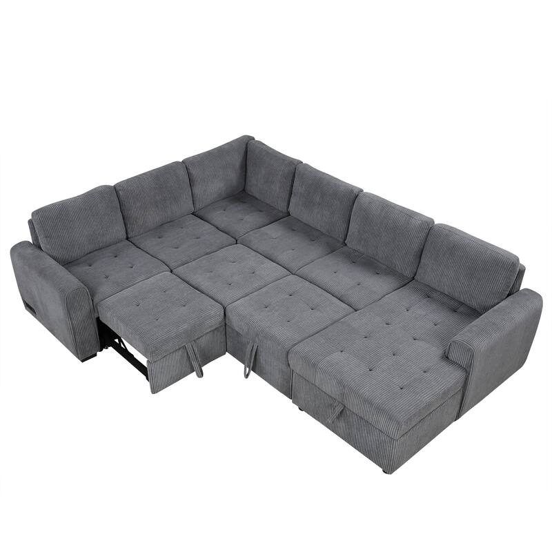 Convertible Sectional Sleeper Sofa with Pull Out Bed, Storage Chaise & Charging Devices, Oversized Corduroy U-Shaped Cloud Sofa