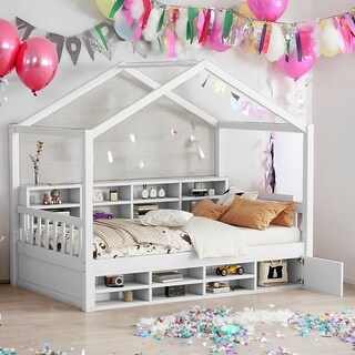 Twin Size Wooden House Bed Platform Bed With Shelves And a Mini-cabinet