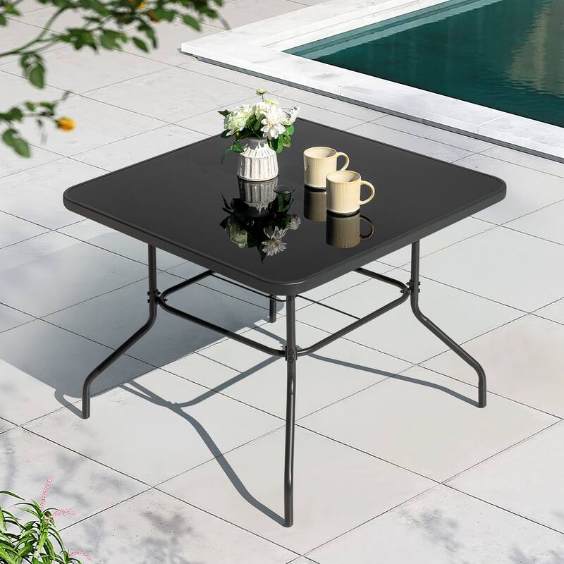 Outdoor Square Metal Dining Table with Tempered Glass Tabletop - Pure Black
