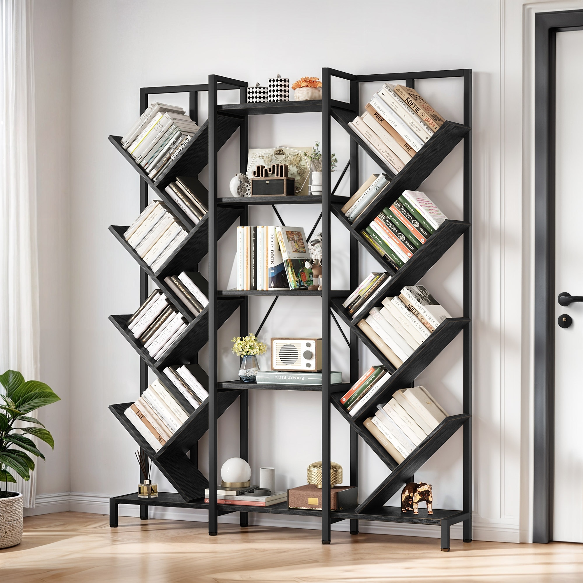 Moasis Wood 5-Tier Large Tree Bookshelf Industrial Open Etagere