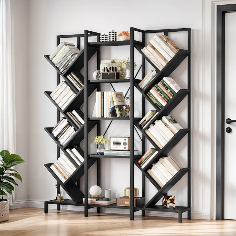 Moasis Wood 5-Tier Large Tree Bookshelf Industrial Open Etagere Bookcase