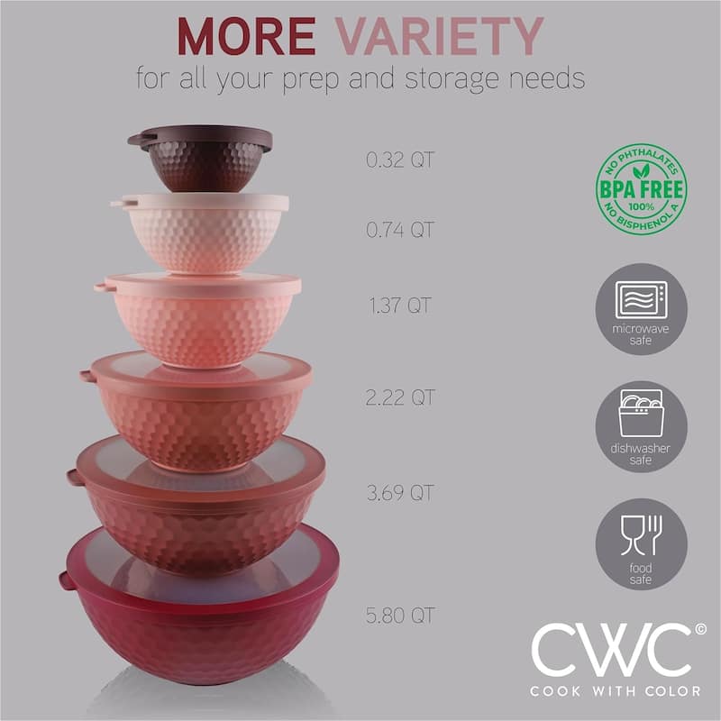 COOK WITH COLOR - 12 Piece Plastic Nesting Bowls - 6 Prep Bowls and 6 Lids, Microwave Safe