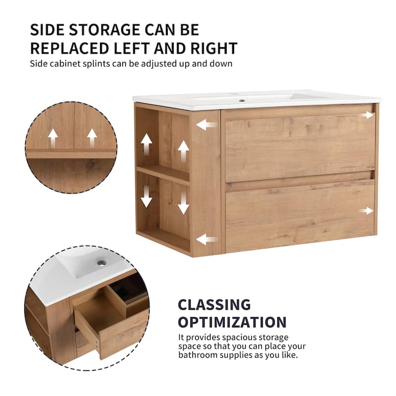 30"Wall Mounting Bathroom Vanity With Ceramic Sink, 2-Soft Close Drawer