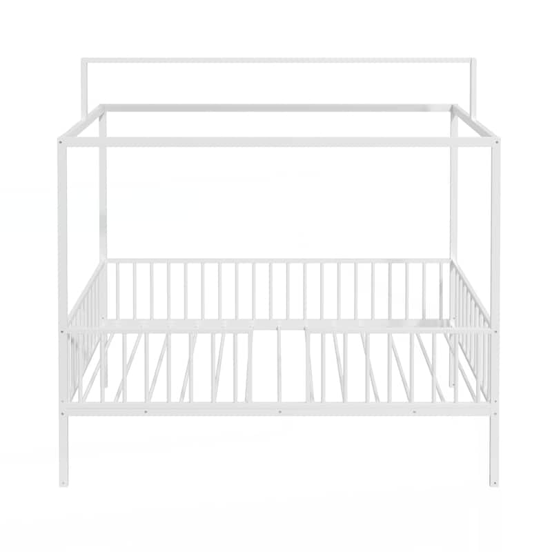 3-in-1 Convertible Montessori Metal floor bed,Fenced toddler bed with Sturdy Metal Slats Support