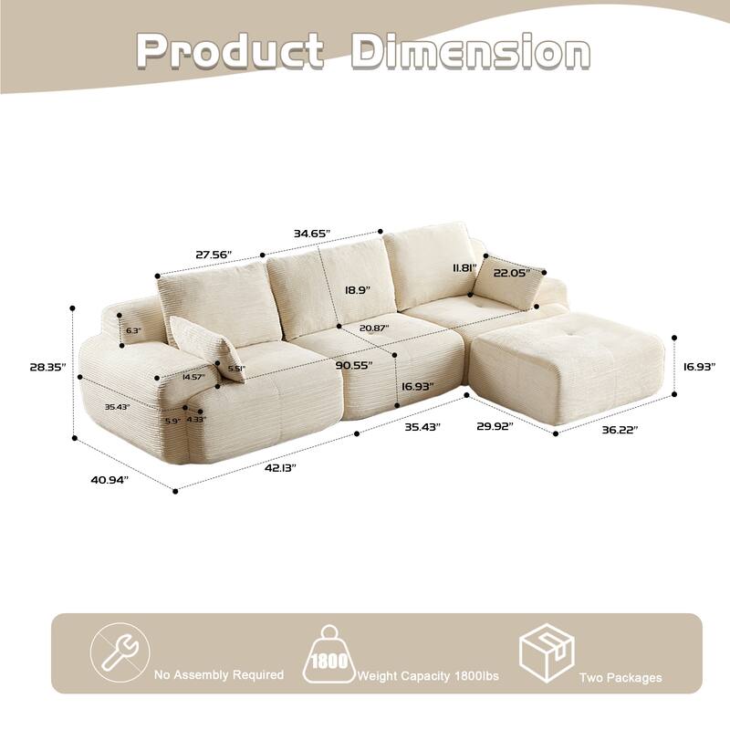 L Shaped Modular Sectional Sofa with Ottoman, Corduroy Upholstered Cloud Sofa, Compressed Sofa with Cushions & Throw Pillows
