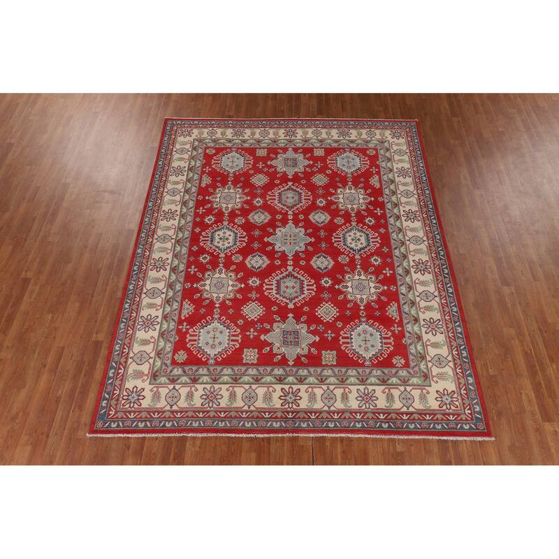 Traditional Red Geometric Kazak Oriental Area Rug Handmade Wool Carpet - 8'1" x 10'0"