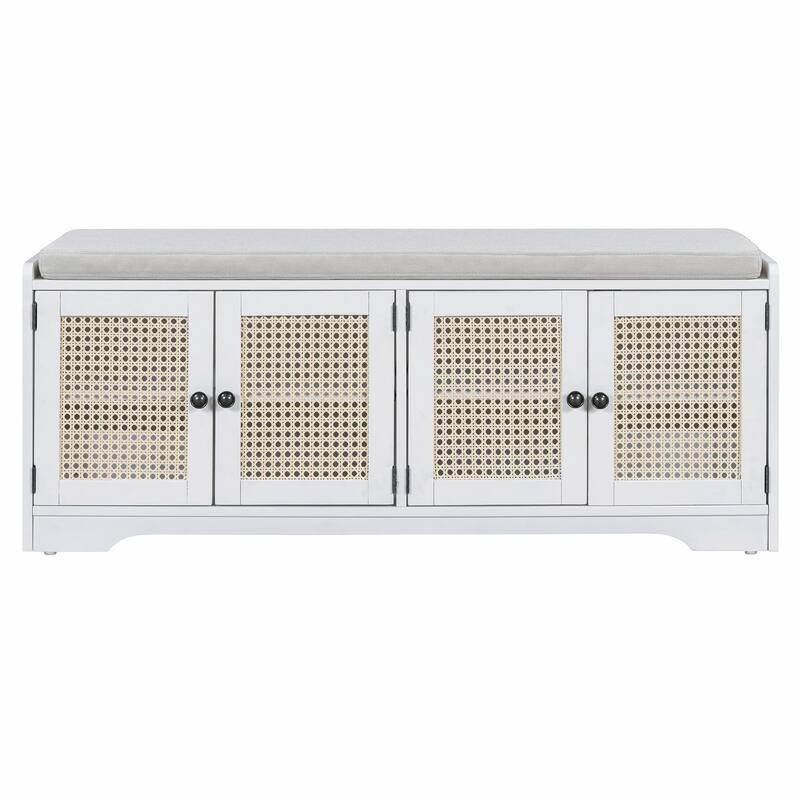 Rustic Storage Bench with Removable Cushion, Woven Rattan Doors & Adjustable Shelves
