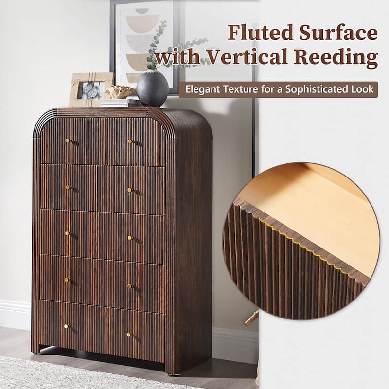 Modern Fluted 5 Drawers Dresser, Wood Chest of Drawers for Bedroom