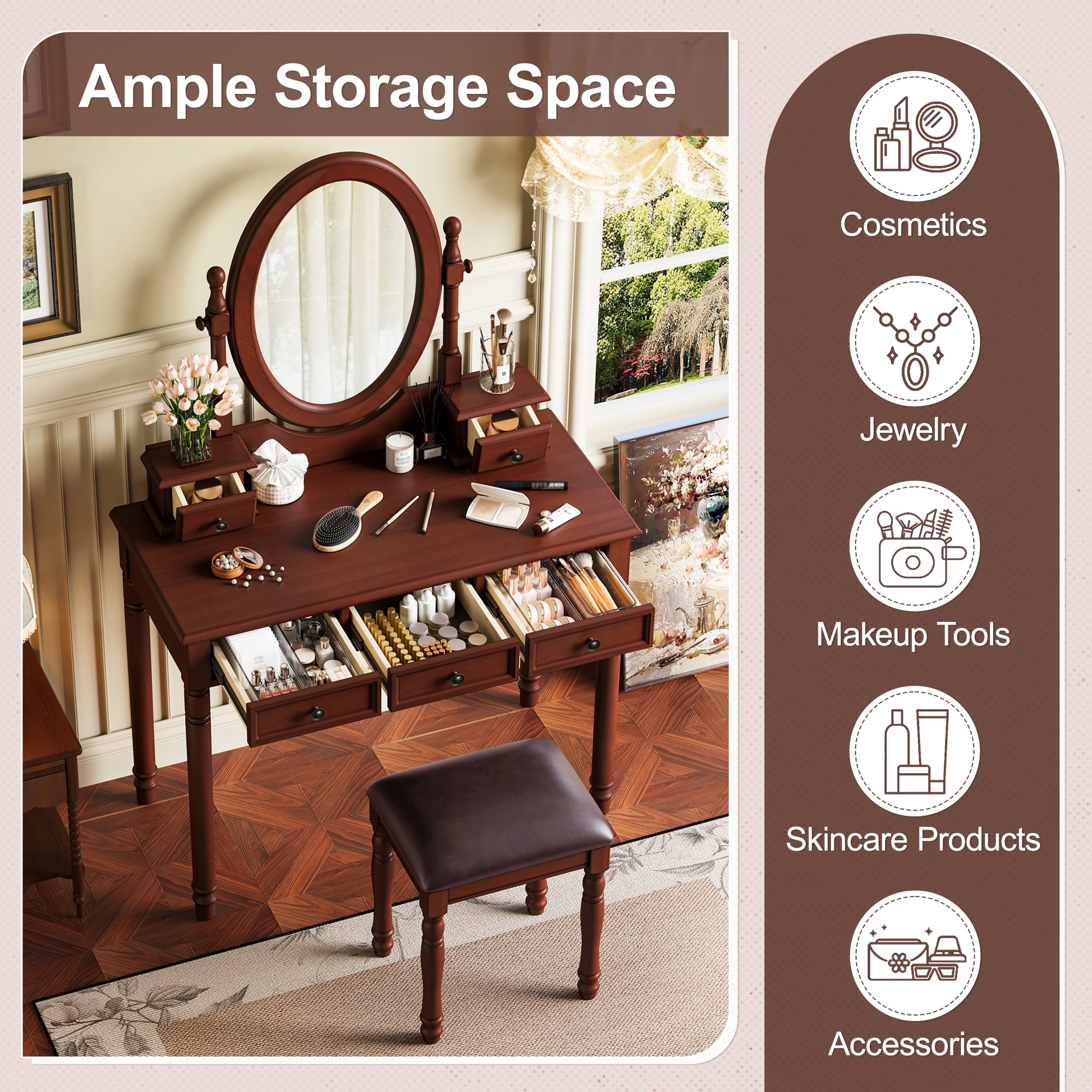 Roomfitters Vintage Vanity Desk with Adjustable Mirror, Makeup Table and Cushioned Stool Set - Walnut