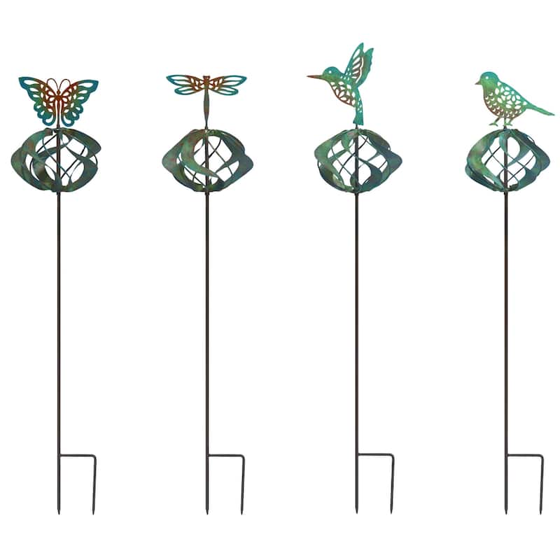 Transpac Metal Kinetic 27inch Garden Yard Stakes Birds and Butterfly Decorations Set of 4 Spring Home Decorations - Multicolor