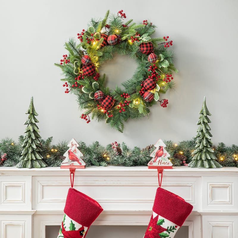 Glitzhome 24"D Snow Berry Twig Ball Pinecone Holly Pine Wreath with Lights & Timer