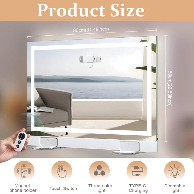 VANITII Hollywood Makeup Vanity Mirror With Led Strip Lights Remote Control Camera Self-timer Wall Mount White