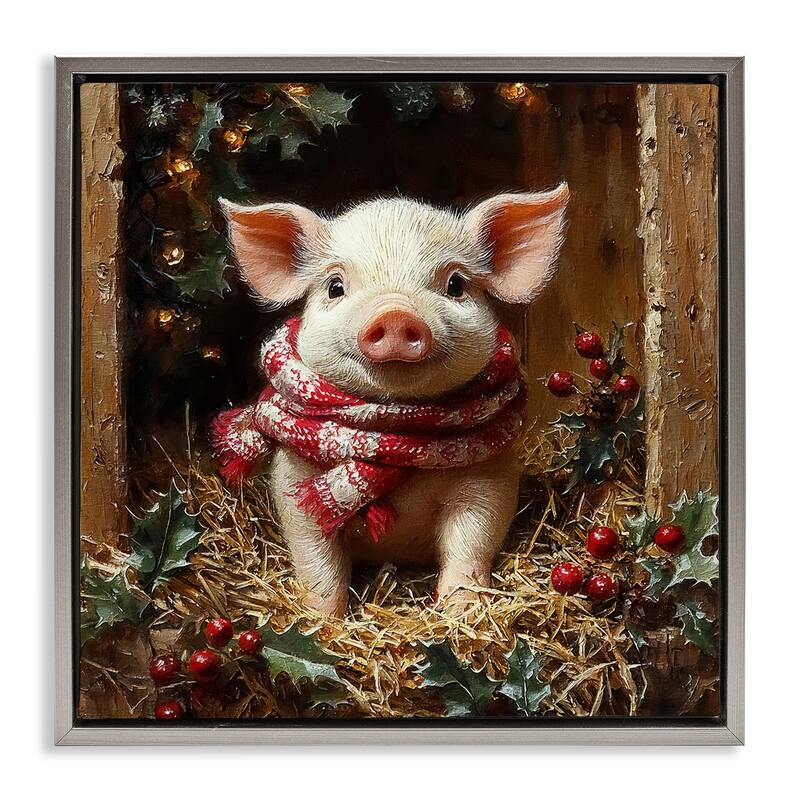 Stupell Pig with Holiday Garlands Framed Floater Canvas Wall Art Design By Riley B - 25 x 25 - Grey