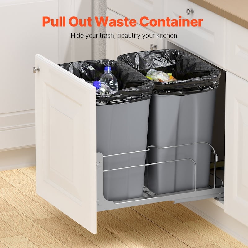 Under Cabinet Pullout Trash Bin with Soft Close System and Dual Bins